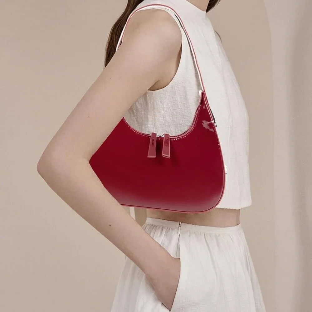 Women's Leather Crescent Shoulder Bag Y2K 90s Hobo Purse Small Red